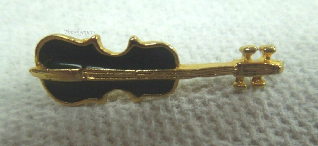 r075 Gold Tone Black Enamel Cello Pin Brooch Charm