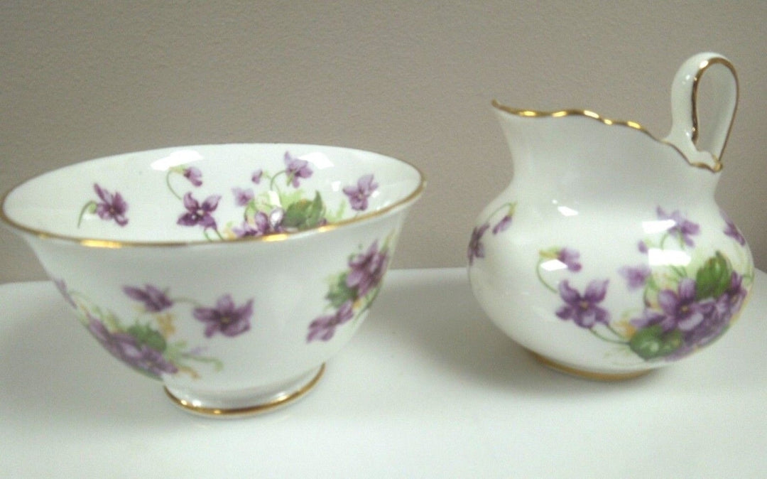 r211 Royal Chelsea Creamer and Open Sugar Bowl - Pansies Pattern - Lots of Gold Trim Vintage