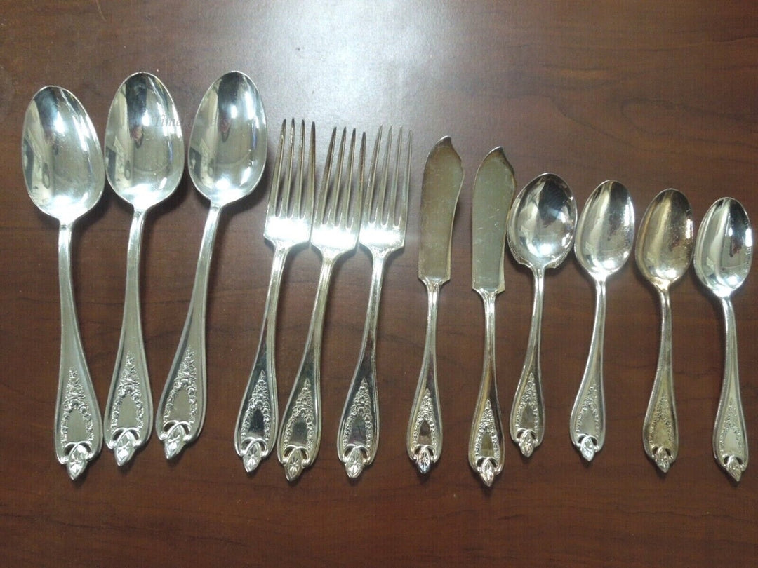 r223 Set of 12 Antique Silverware 1847 WM Rogers Bros Silver Plate SPOONS FORKS Soup Spoons