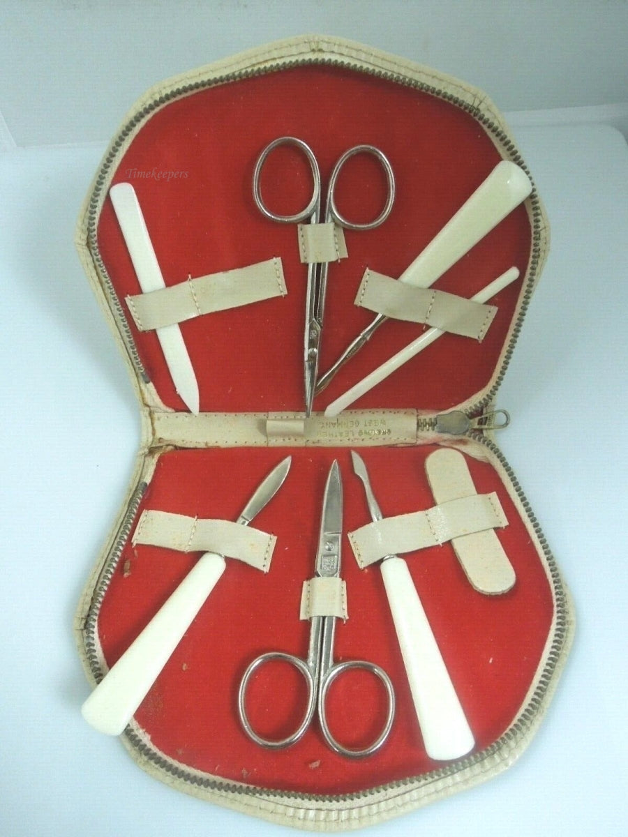 r452 Vintage Hickok Manicure Pedicure Set West Germany Nail Travel Kit Case Leather