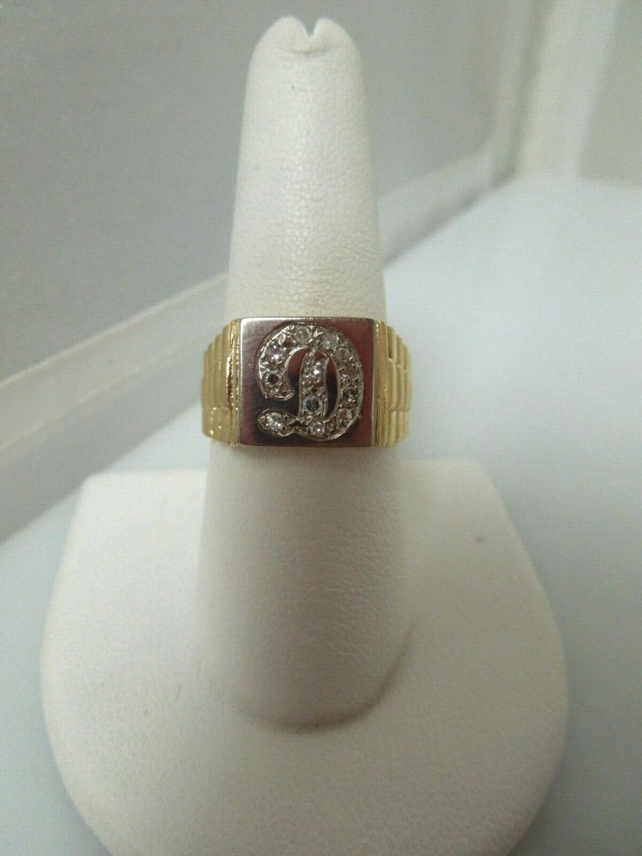 r481 Vintage 14K Yellow Gold Unisex D Ring Size 8.75(USA) Signed Diamond .12 cts