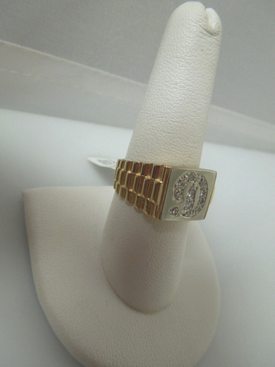 r481 Vintage 14K Yellow Gold Unisex D Ring Size 8.75(USA) Signed Diamond .12 cts