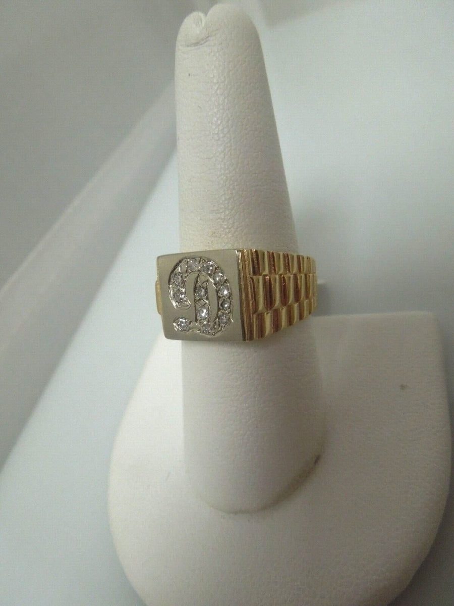 r481 Vintage 14K Yellow Gold Unisex D Ring Size 8.75(USA) Signed Diamond .12 cts
