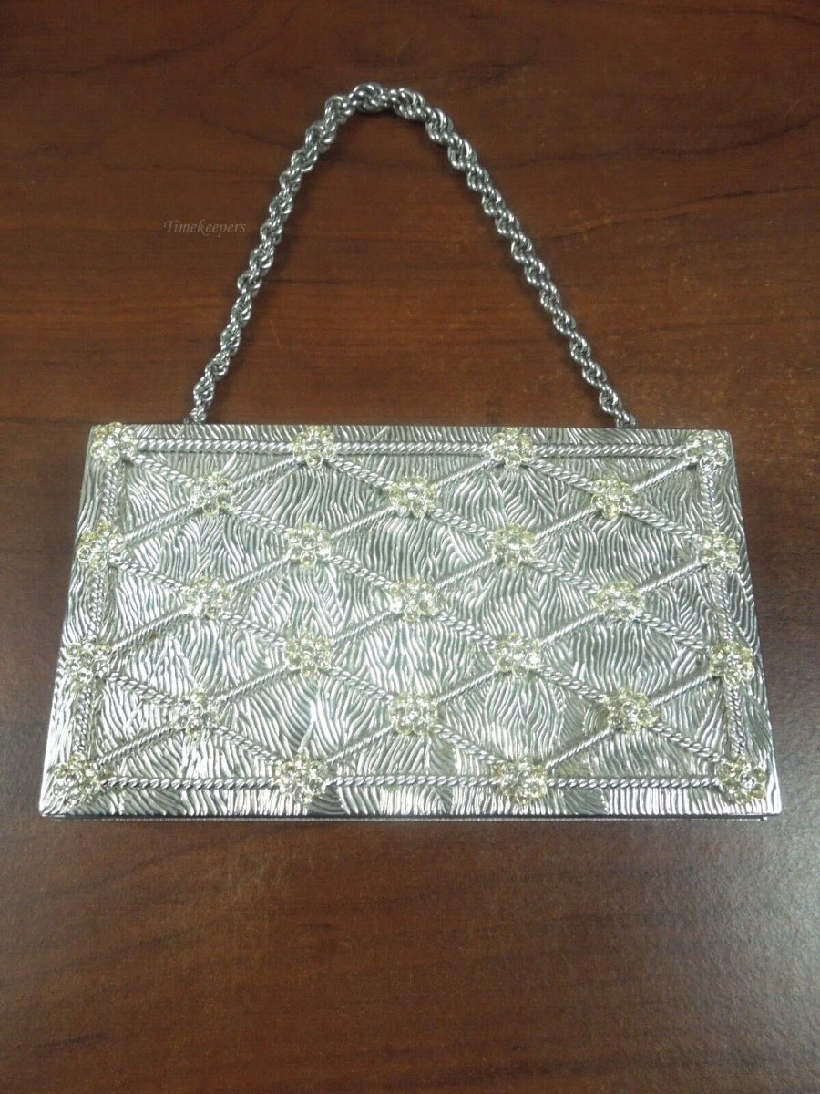 r785 Vintage 1940’s EVANS Rhinestone Encrusted Flower Silvertone Wristlet Compact Case