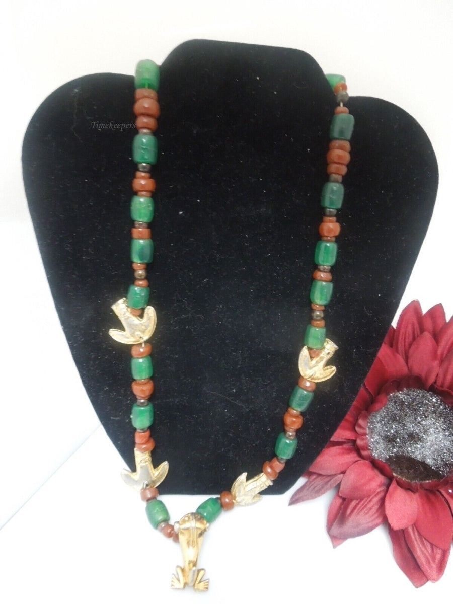 r841 Vintage Tumbaga Mid Century Red and Green Gold Filled Anchor Puppy Pendant Tumbaga Necklace 22" Rare