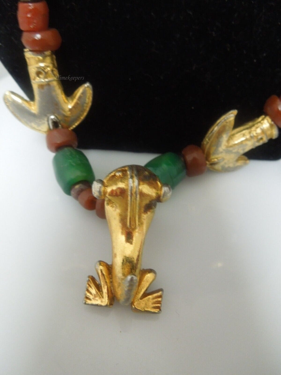 r841 Vintage Tumbaga Mid Century Red and Green Gold Filled Anchor Puppy Pendant Tumbaga Necklace 22" Rare