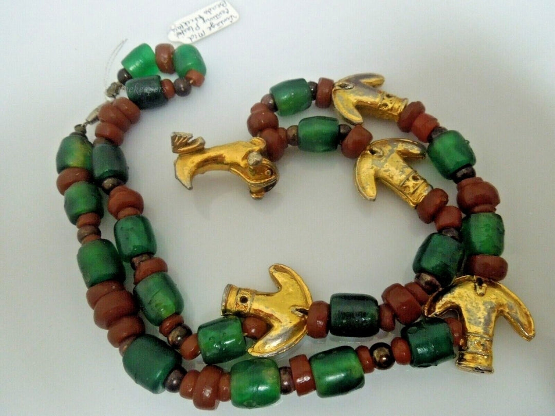 r841 Vintage Tumbaga Mid Century Red and Green Gold Filled Anchor Puppy Pendant Tumbaga Necklace 22" Rare