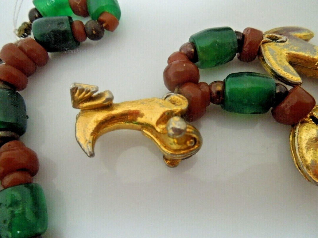r841 Vintage Tumbaga Mid Century Red and Green Gold Filled Anchor Puppy Pendant Tumbaga Necklace 22" Rare