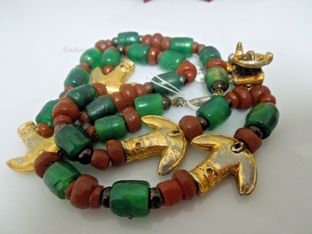 r841 Vintage Tumbaga Mid Century Red and Green Gold Filled Anchor Puppy Pendant Tumbaga Necklace 22" Rare
