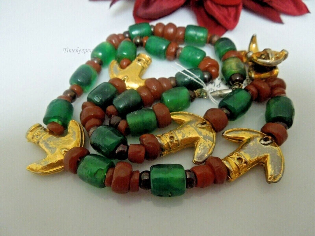 r841 Vintage Tumbaga Mid Century Red and Green Gold Filled Anchor Puppy Pendant Tumbaga Necklace 22" Rare