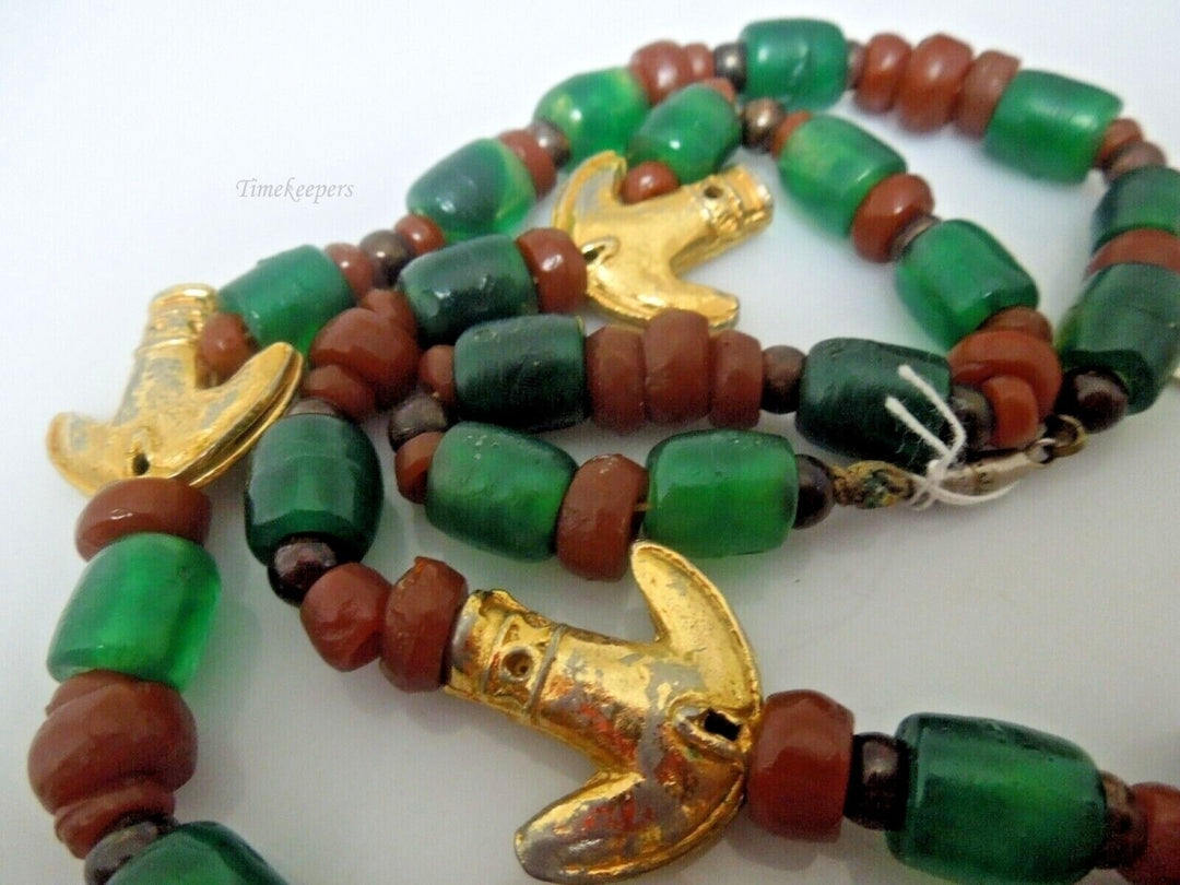 r841 Vintage Tumbaga Mid Century Red and Green Gold Filled Anchor Puppy Pendant Tumbaga Necklace 22" Rare