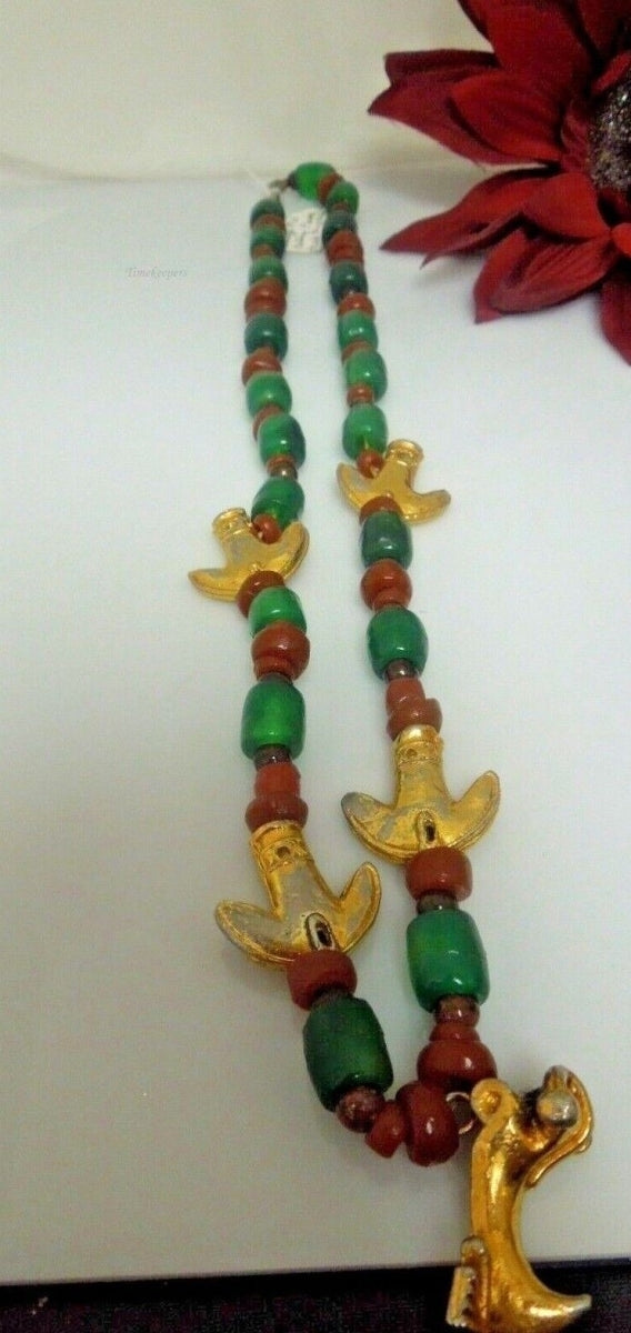 r841 Vintage Tumbaga Mid Century Red and Green Gold Filled Anchor Puppy Pendant Tumbaga Necklace 22" Rare