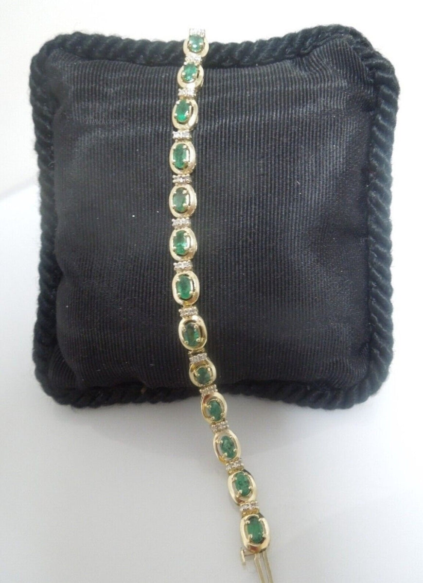 r878 Beautiful 14kt Yellow Gold Emerald Diamond .17 cts Tennis Bracelet Signed 6.5"