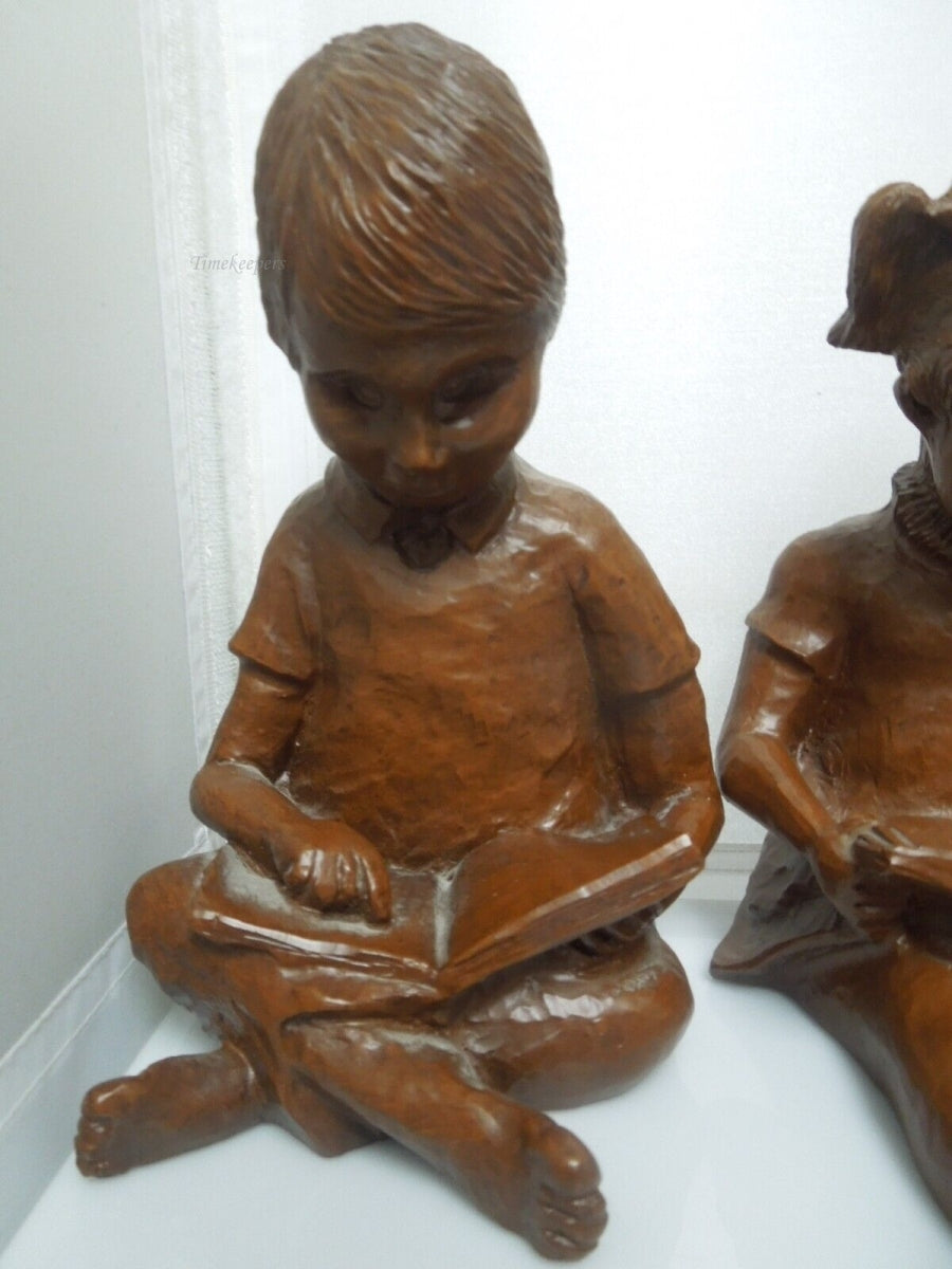 r587 Vintage Pair Statue Somerville Red Mill Pecan Shell Girl Boy Reading Bookends