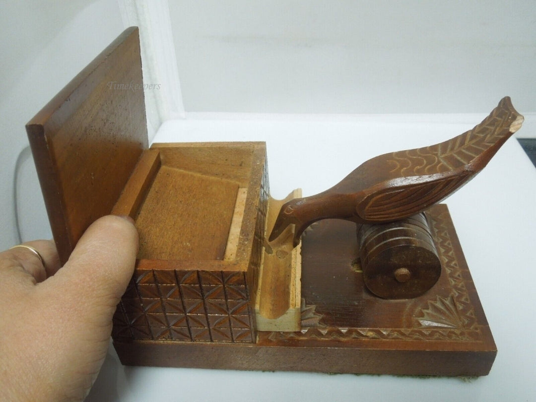 r747 Vintage Wooden Cigar Box, Cigarette Holder, Wood Carving Box with Mechanical Bird.