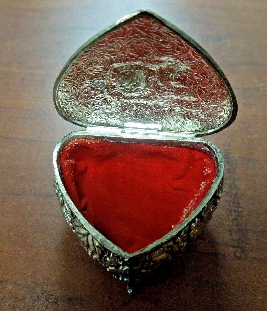 r691 Vintage Metal Box Hinged Lid Footed Silver Plated Embossed Cherub Trinket Keepsake Jewelry Box Handcrafted Ornate