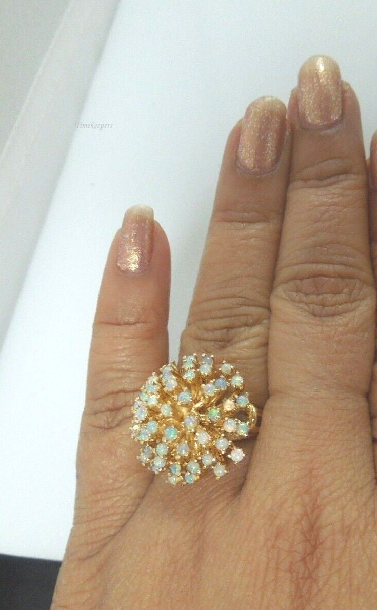 r499 Vintage 14kt Yellow Gold Natural Opal Filigree DOME Ring BIG Signed 6 1/4 (USA)