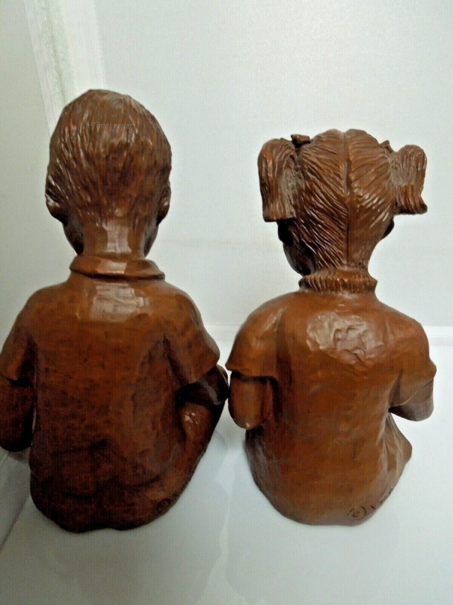 r587 Vintage Pair Statue Somerville Red Mill Pecan Shell Girl Boy Reading Bookends