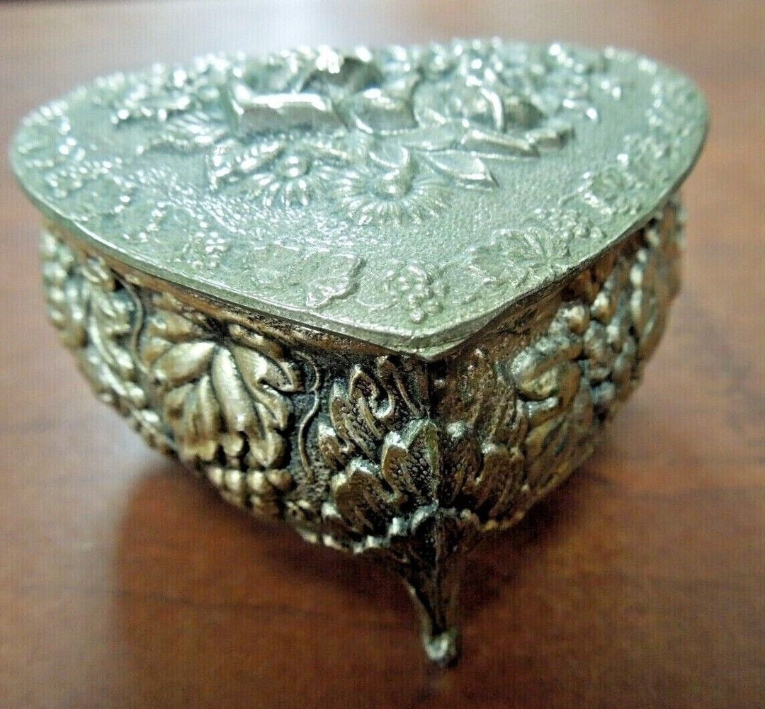 r691 Vintage Metal Box Hinged Lid Footed Silver Plated Embossed Cherub Trinket Keepsake Jewelry Box Handcrafted Ornate