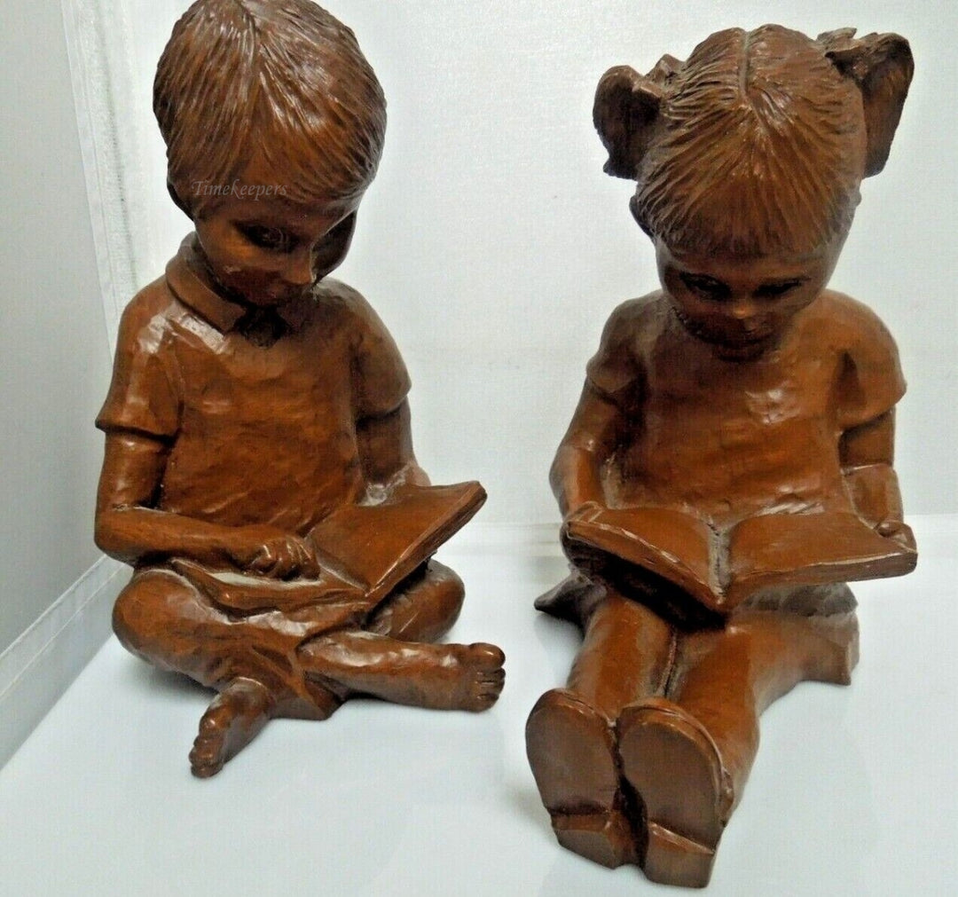 r587 Vintage Pair Statue Somerville Red Mill Pecan Shell Girl Boy Reading Bookends