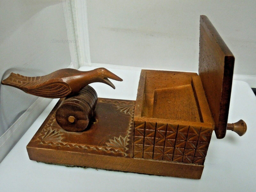 r747 Vintage Wooden Cigar Box, Cigarette Holder, Wood Carving Box with Mechanical Bird.