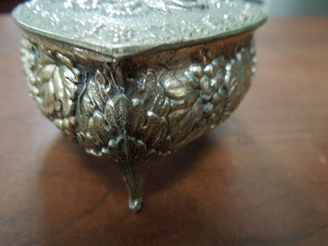 r691 Vintage Metal Box Hinged Lid Footed Silver Plated Embossed Cherub Trinket Keepsake Jewelry Box Handcrafted Ornate