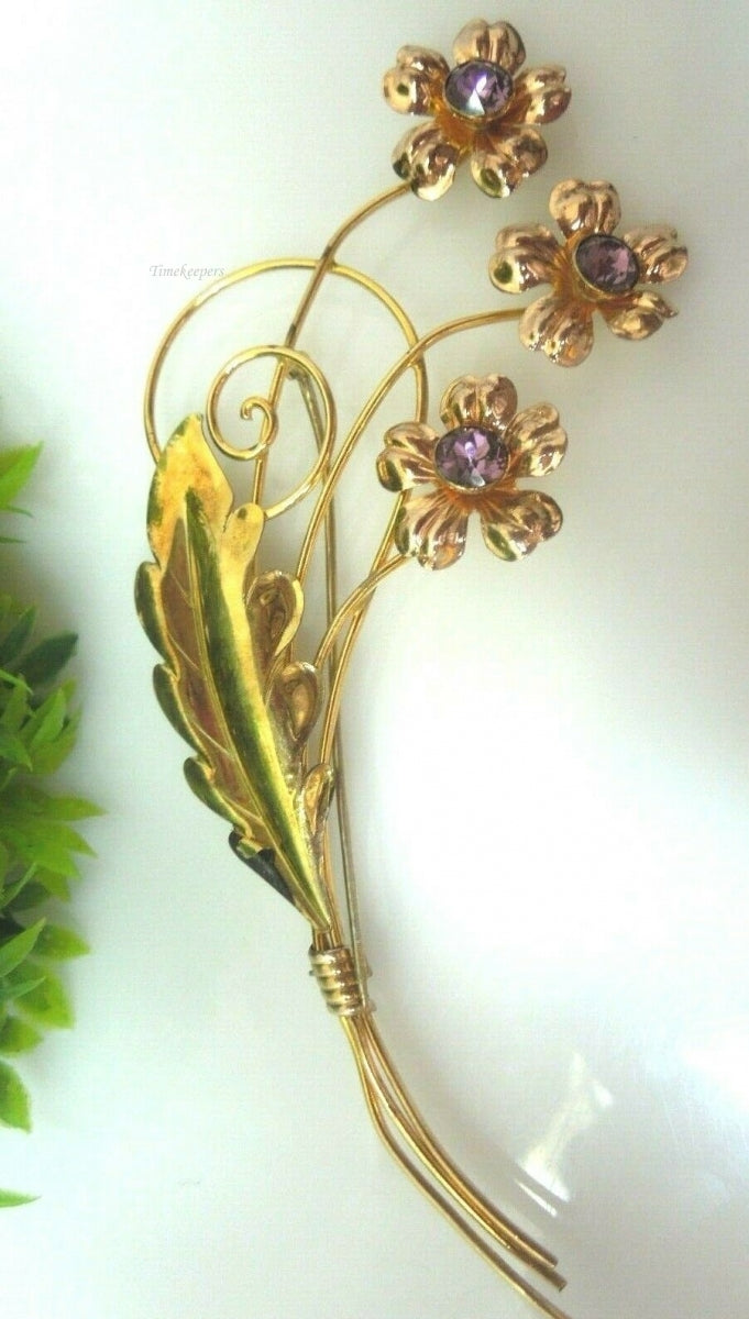 q489 Vintage Van Dell Rose & Yellow 12K 1/20 Gold Filled Flower Brooch Pin Rhinestone