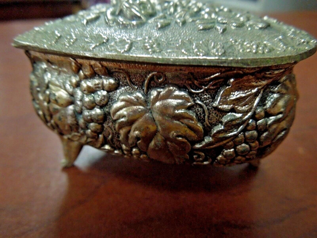 r691 Vintage Metal Box Hinged Lid Footed Silver Plated Embossed Cherub Trinket Keepsake Jewelry Box Handcrafted Ornate