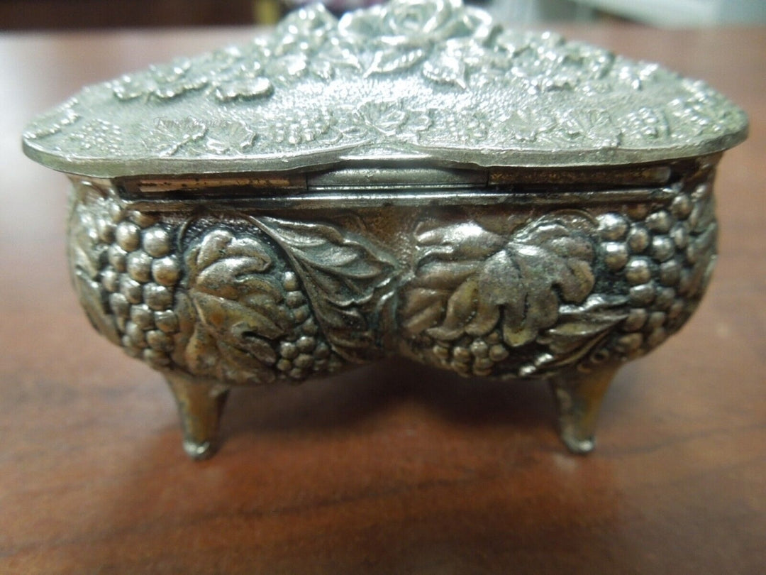 r691 Vintage Metal Box Hinged Lid Footed Silver Plated Embossed Cherub Trinket Keepsake Jewelry Box Handcrafted Ornate