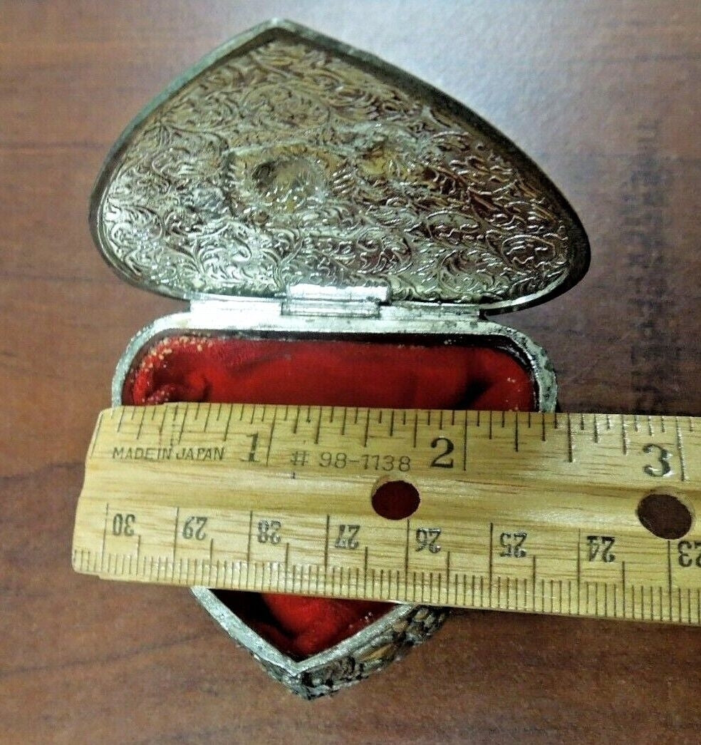 r691 Vintage Metal Box Hinged Lid Footed Silver Plated Embossed Cherub Trinket Keepsake Jewelry Box Handcrafted Ornate