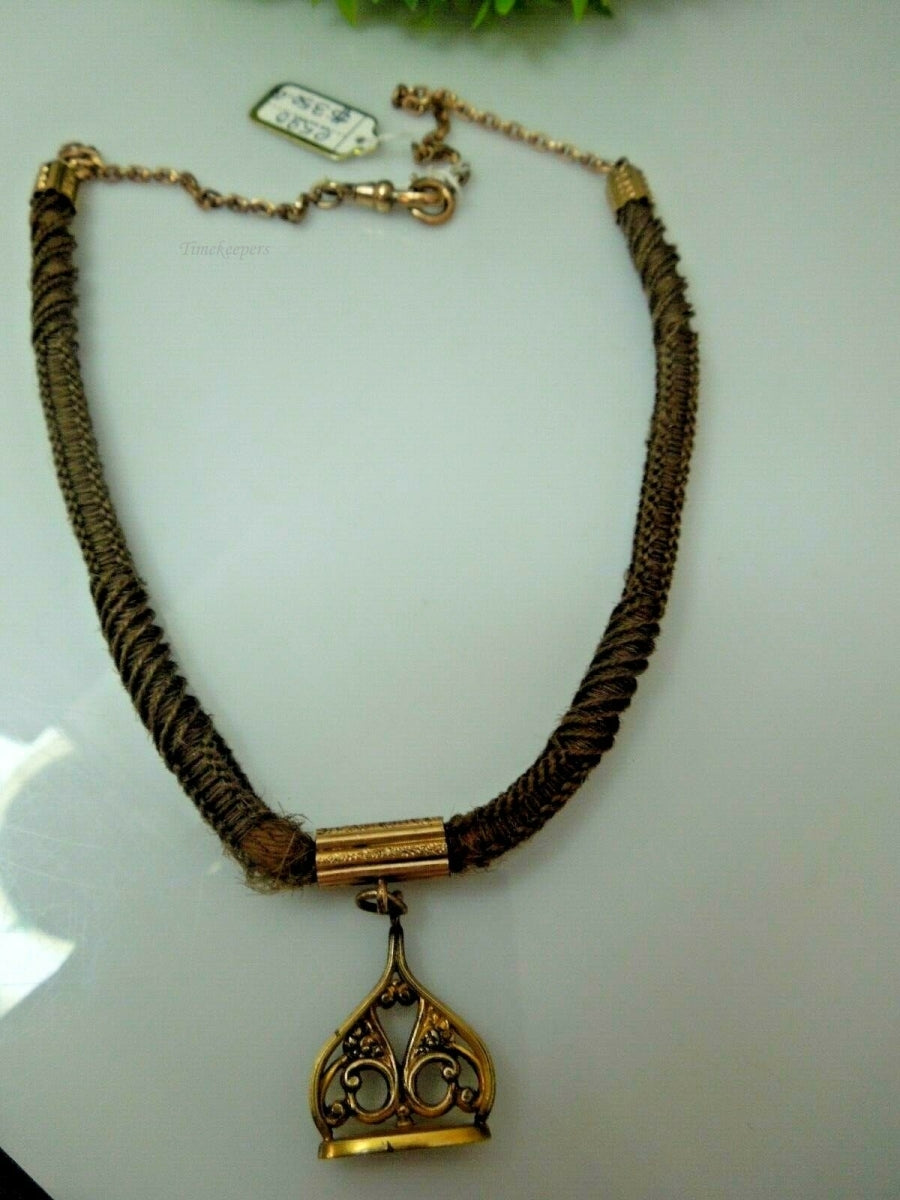 e590 Victorian Era Woven Hair Vest Pocket Watch Chain Gold Filled Pendant and Choker Necklace