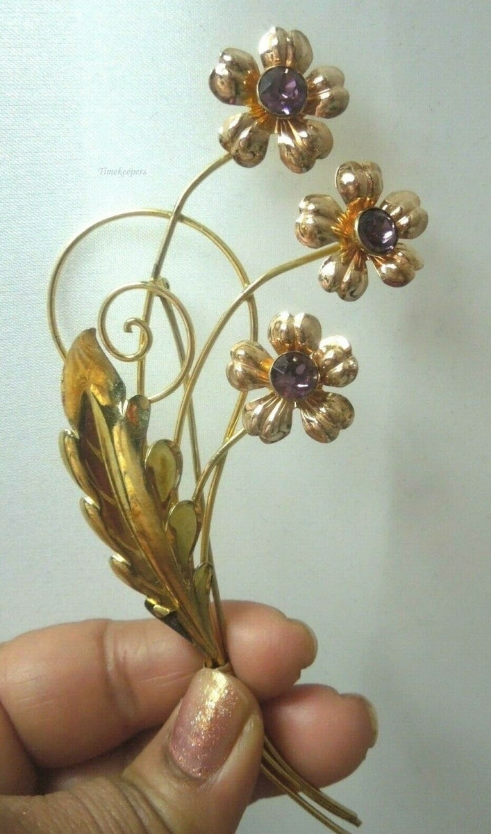 q489 Vintage Van Dell Rose & Yellow 12K 1/20 Gold Filled Flower Brooch Pin Rhinestone