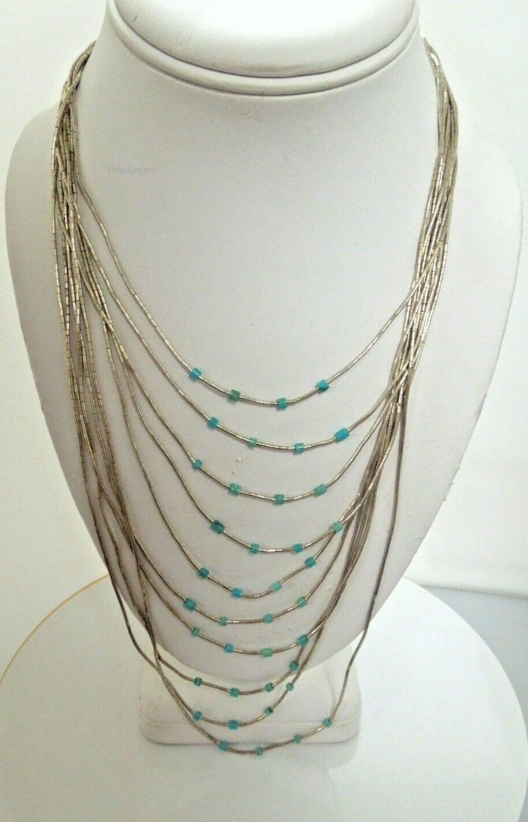 r992 Vintage Sterling Silver Liquid and Turquoise beads Waterfall Multi Strand Necklace 24"