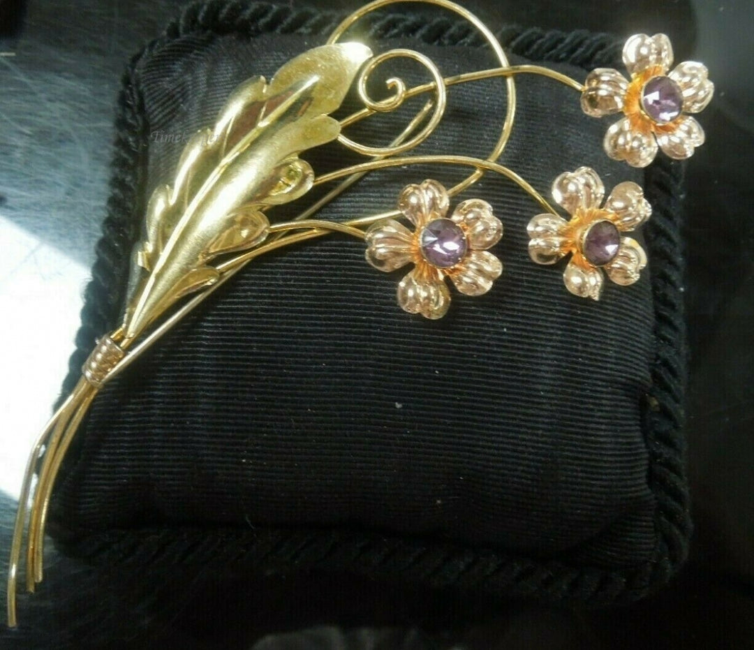q489 Vintage Van Dell Rose & Yellow 12K 1/20 Gold Filled Flower Brooch Pin Rhinestone