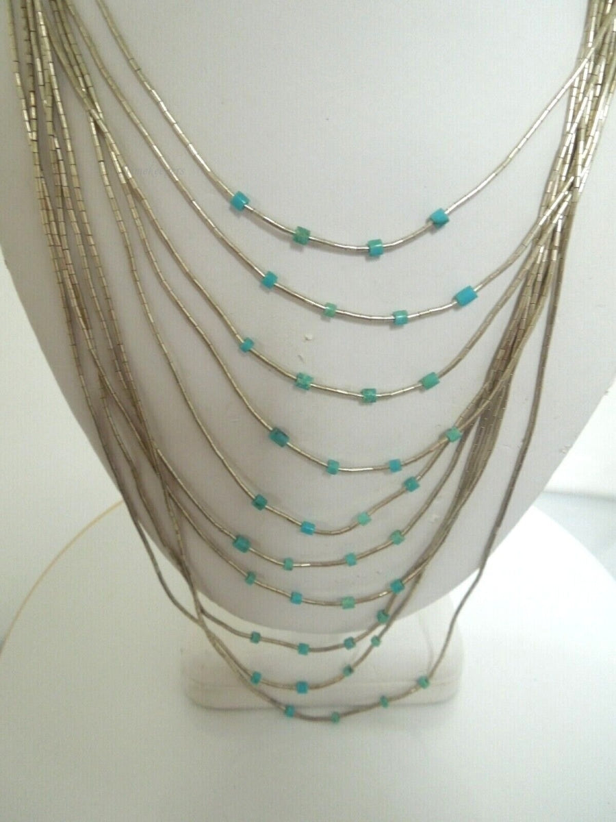 r992 Vintage Sterling Silver Liquid and Turquoise beads Waterfall Multi Strand Necklace 24"