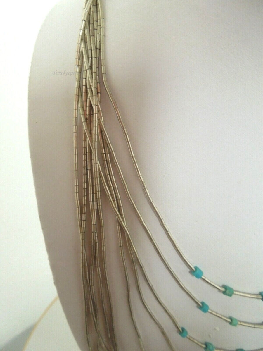 r992 Vintage Sterling Silver Liquid and Turquoise beads Waterfall Multi Strand Necklace 24"
