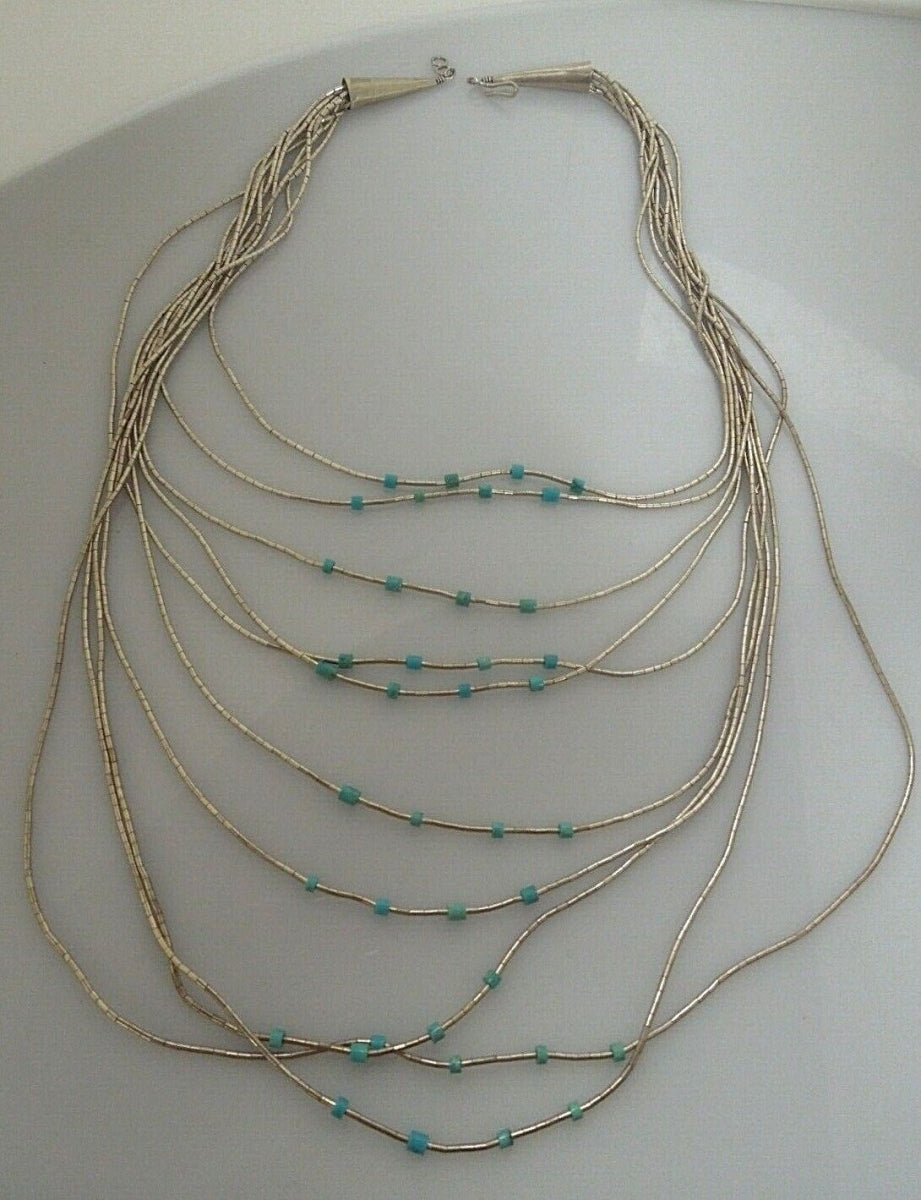 r992 Vintage Sterling Silver Liquid and Turquoise beads Waterfall Multi Strand Necklace 24"