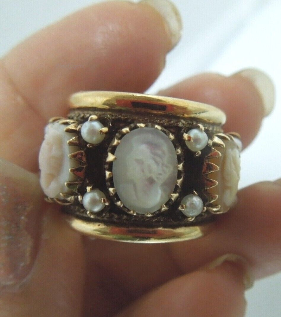 r510 Vintage 14kt Yellow Gold 7 Cameo heavy Ring Size 6.5 Signed 13.1g