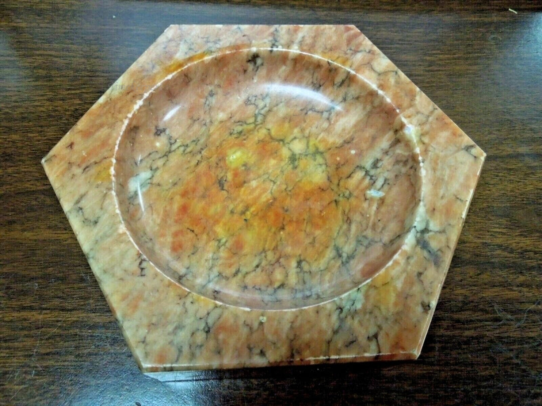 r593 Vintage,Mid Century Octagon shaped Marble Ashtray Heavy Orange,RARE,7” Octagon