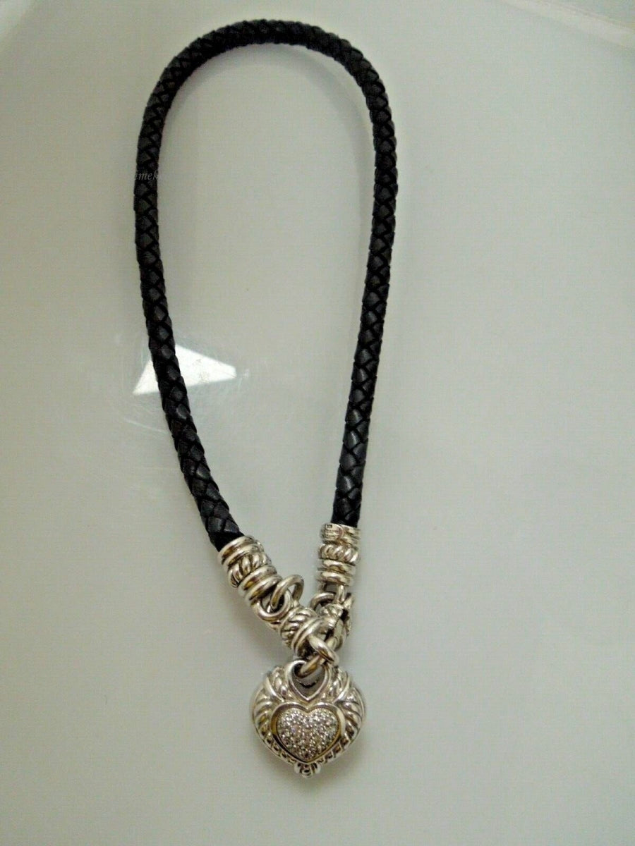 r431 Judith RIPKA Sterling Silver Reversible CZ HEART Black Leather Necklace
