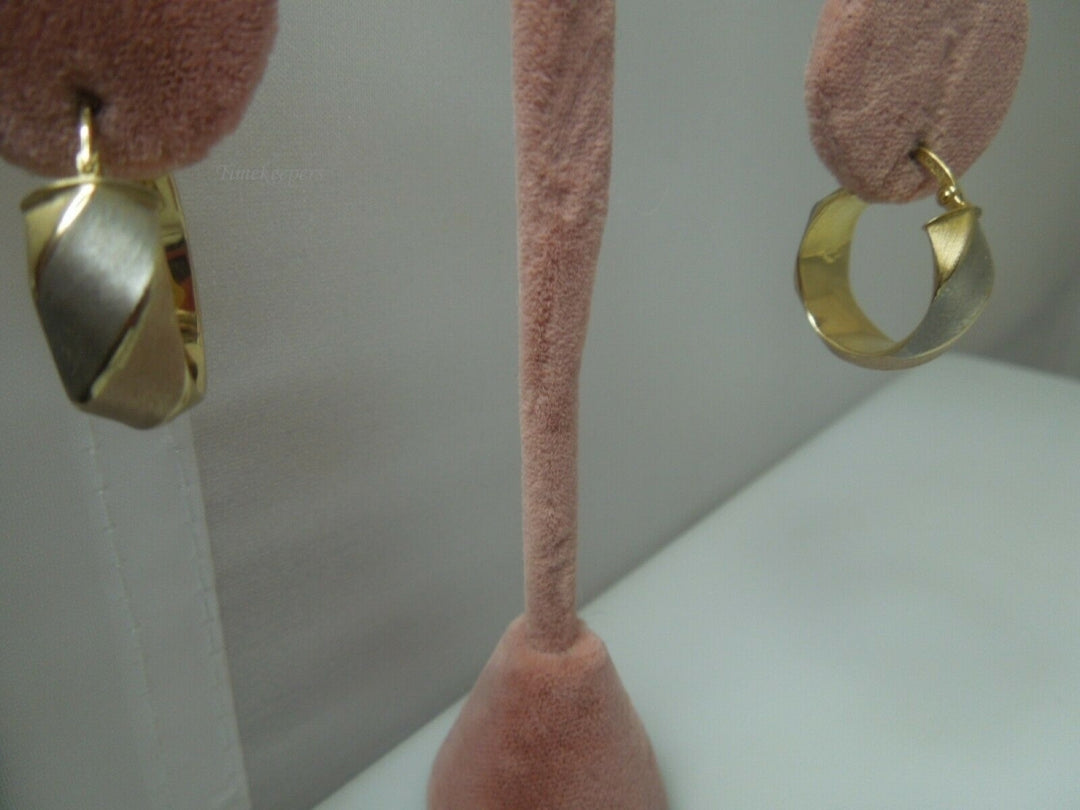q675 Pretty Pair of 14kt White Rose Yellow Gold Hoop Earrings 2.4 g Signed