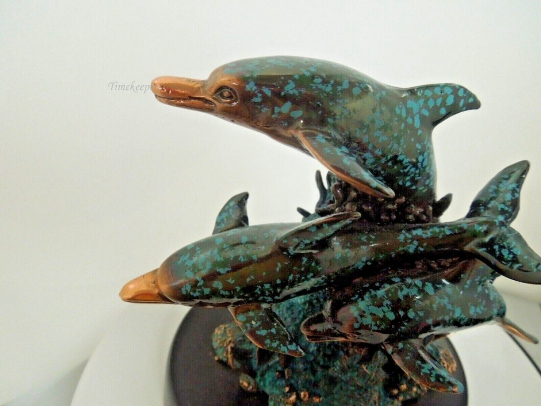 r982 Copper Color Three Dolphins Swimming By Coral Reef Statue 5"