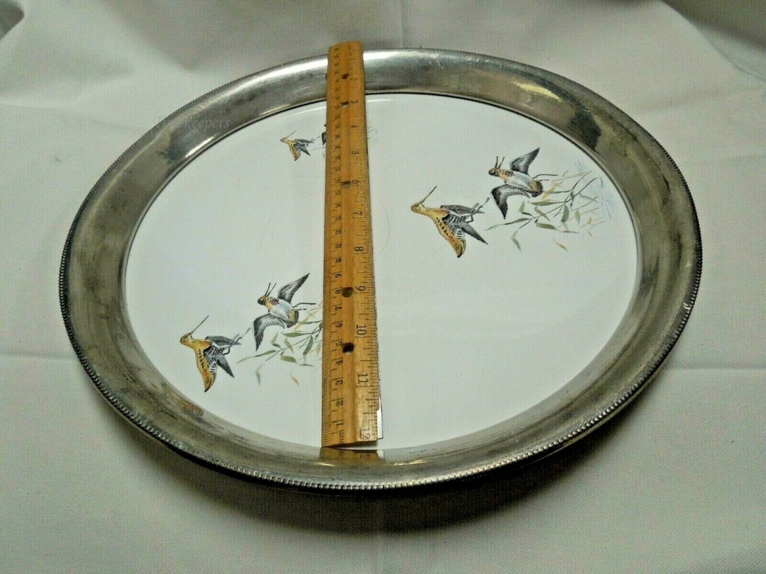 q730 Vintage Silver Plate Tray Etched Hummingbird inlay Design 13" Round Serving Tray or Display