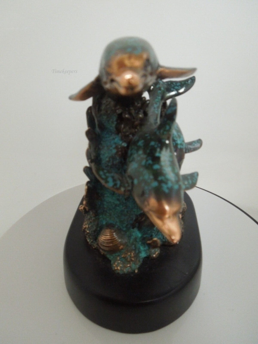 r982 Copper Color Three Dolphins Swimming By Coral Reef Statue 5"
