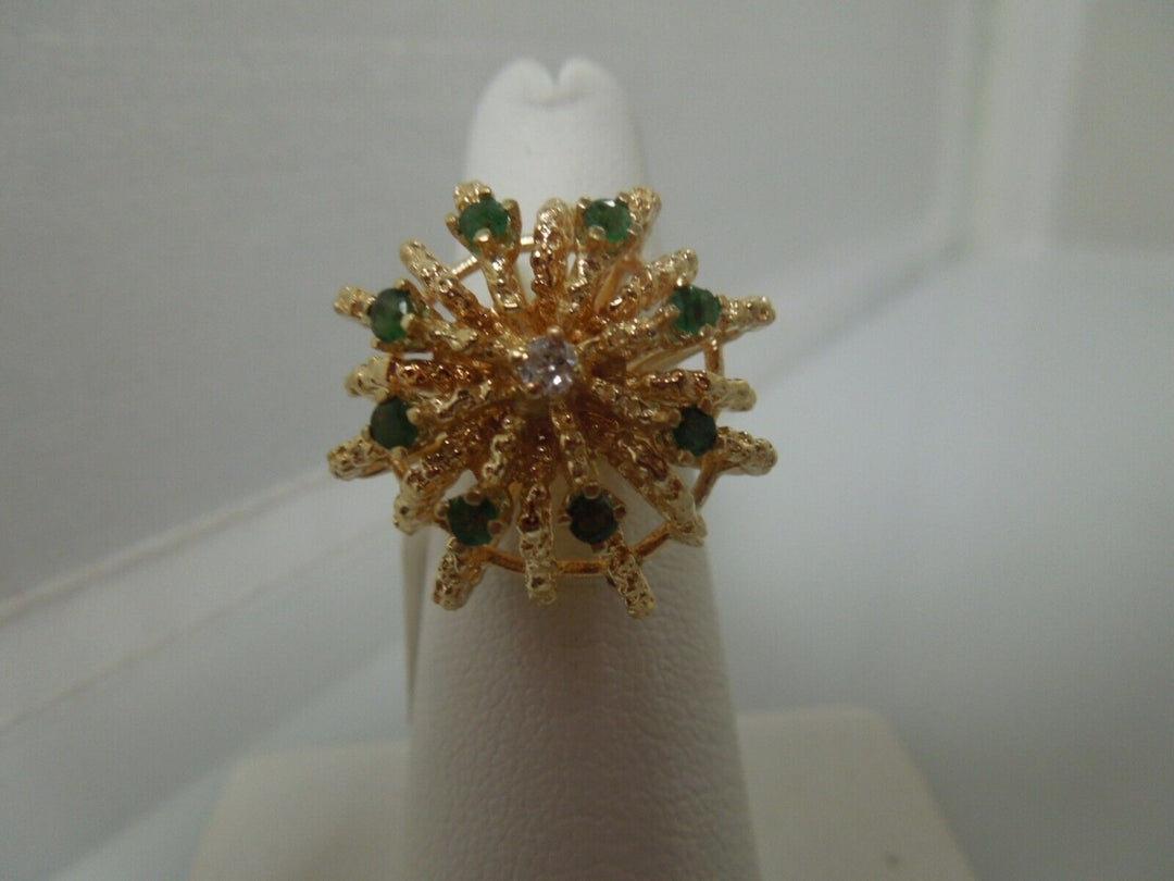 r509 Vintage 14k Yellow Gold Dome Emerald Diamond Ring Size 5.5(USA) Signed