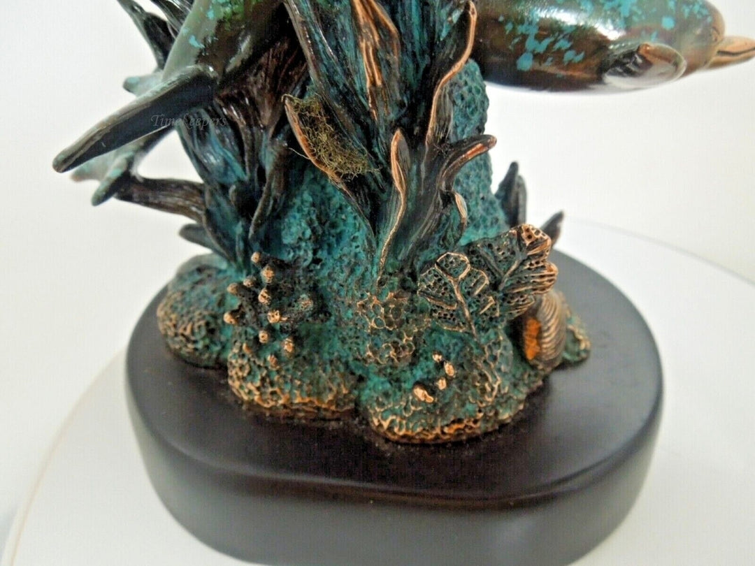 r982 Copper Color Three Dolphins Swimming By Coral Reef Statue 5"