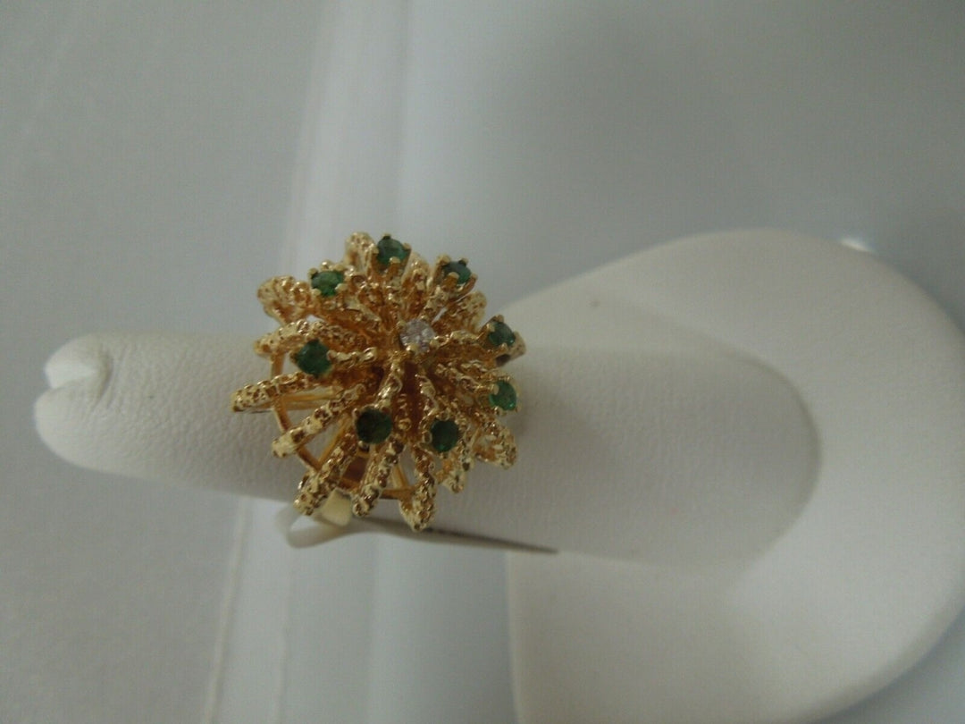r509 Vintage 14k Yellow Gold Dome Emerald Diamond Ring Size 5.5(USA) Signed