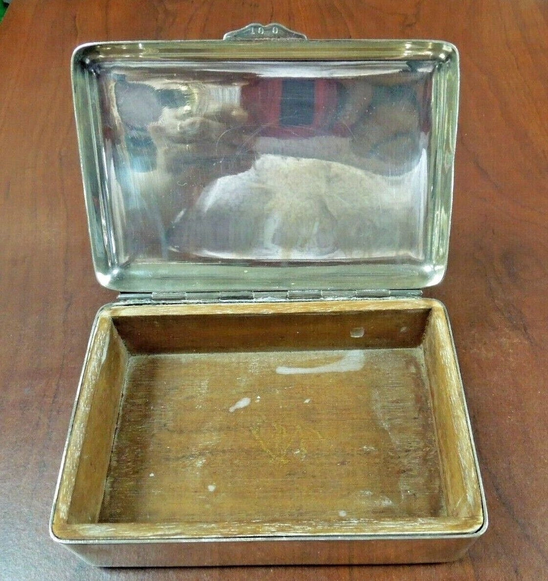 r270 Antique Heavy Silvertone Trinket Jewelry Box with Wooden Box insert