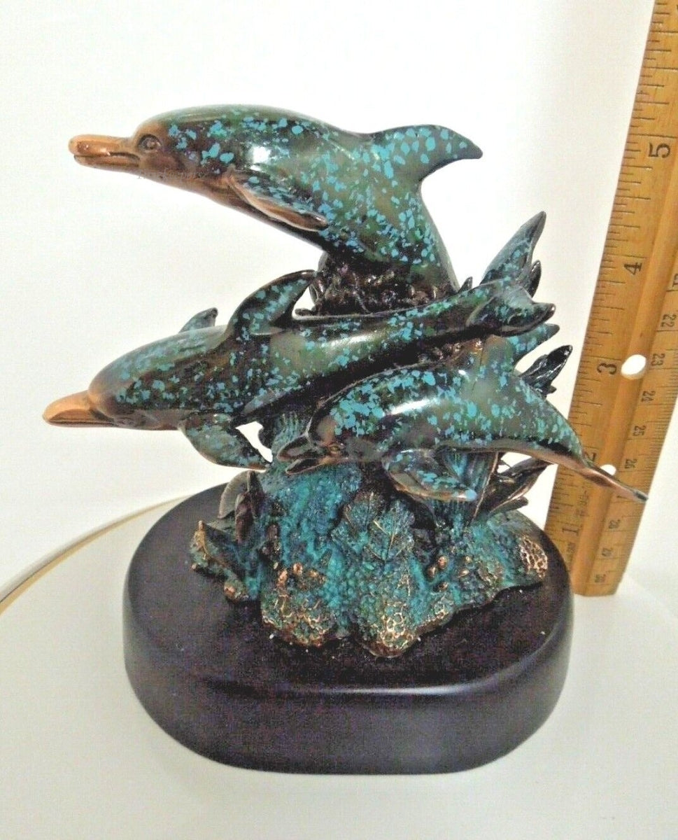 r982 Copper Color Three Dolphins Swimming By Coral Reef Statue 5"