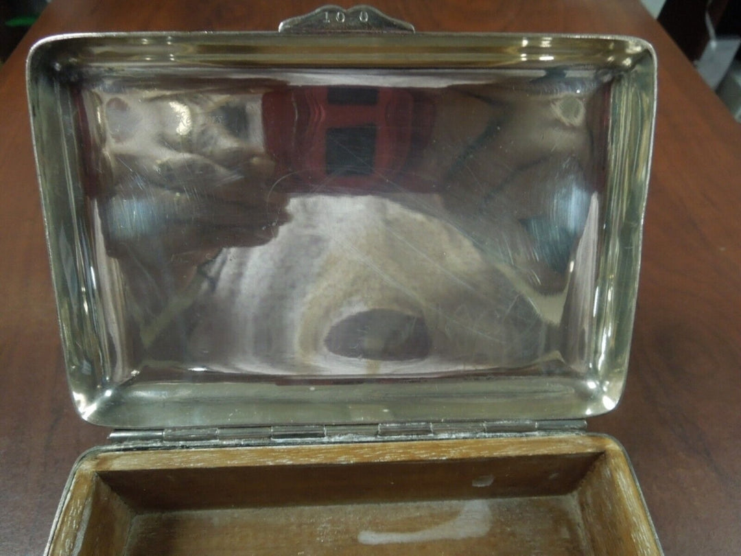 r270 Antique Heavy Silvertone Trinket Jewelry Box with Wooden Box insert